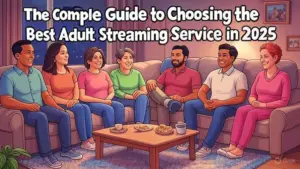 Group of adults sitting in living room, discussing and comparing the best adult streaming services for 2025, cartoon style