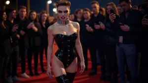 Model in black latex corset and thigh-high boots walking the red carpet at a fetish fashion event, surrounded by crowd, showing 2025 adult industry trends