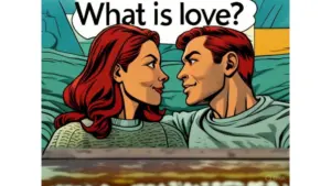 Cartoon couple with red hair asking 'What is love?' illustrating America's growing interest in chastity fetishes for 2025